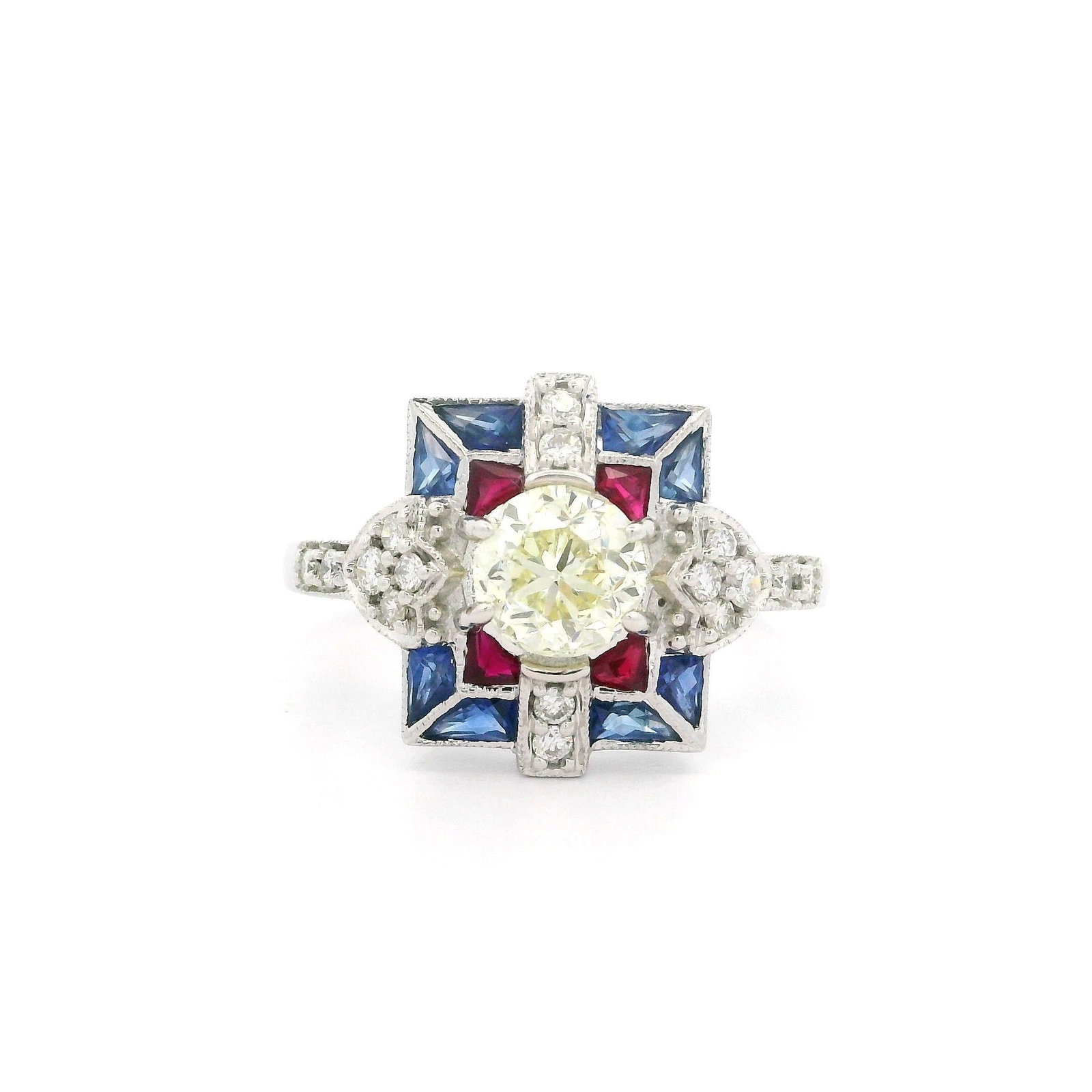 18k White Gold Old Diamond Ruby & Sapphire Target Ring - 2