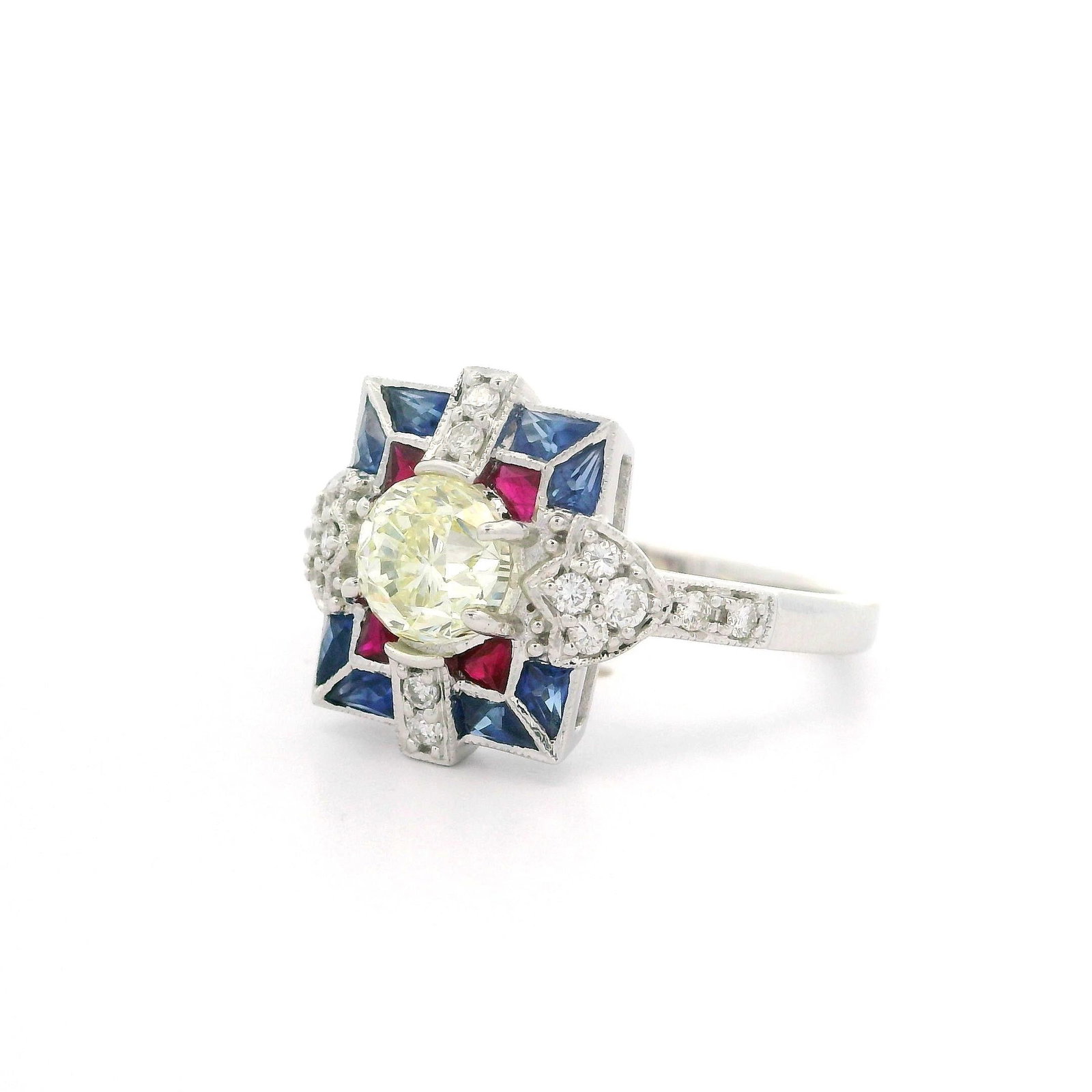 18k White Gold Old Diamond Ruby & Sapphire Target Ring - 3