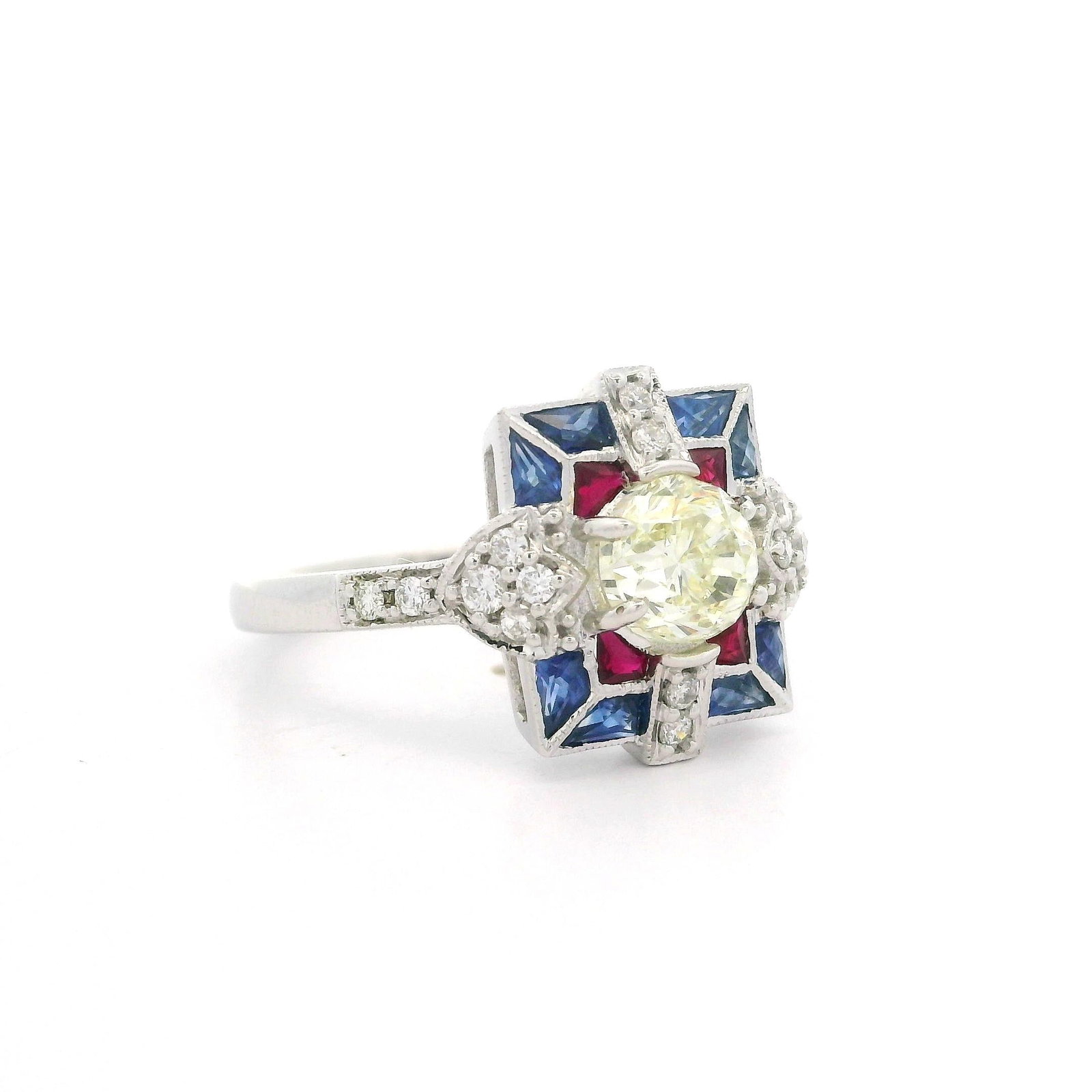 18k White Gold Old Diamond Ruby & Sapphire Target Ring - 4