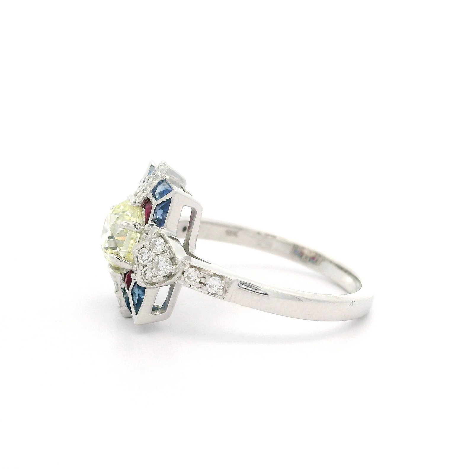 18k White Gold Old Diamond Ruby & Sapphire Target Ring - 6