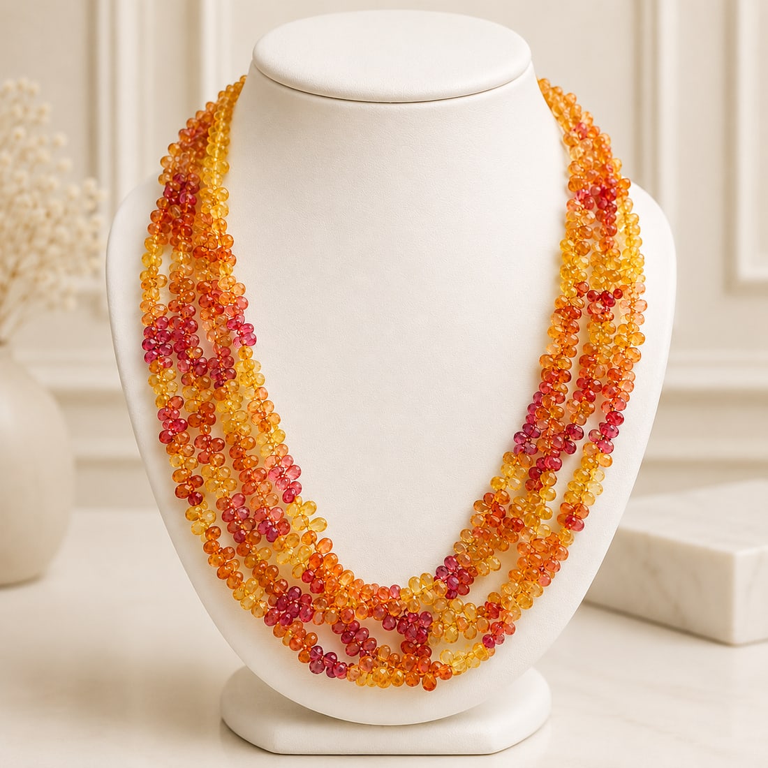 GIA Briolette Sapphire Necklace w/ 18k Gold Clasp: Vintage GIA Briolette 400ctw Orange Yellow Sapphire Necklace w/ 18k Gold Clasp Here we have an absolutely gorgeous vintage necklace that features four strands of fine, GIA certified, sapphires that