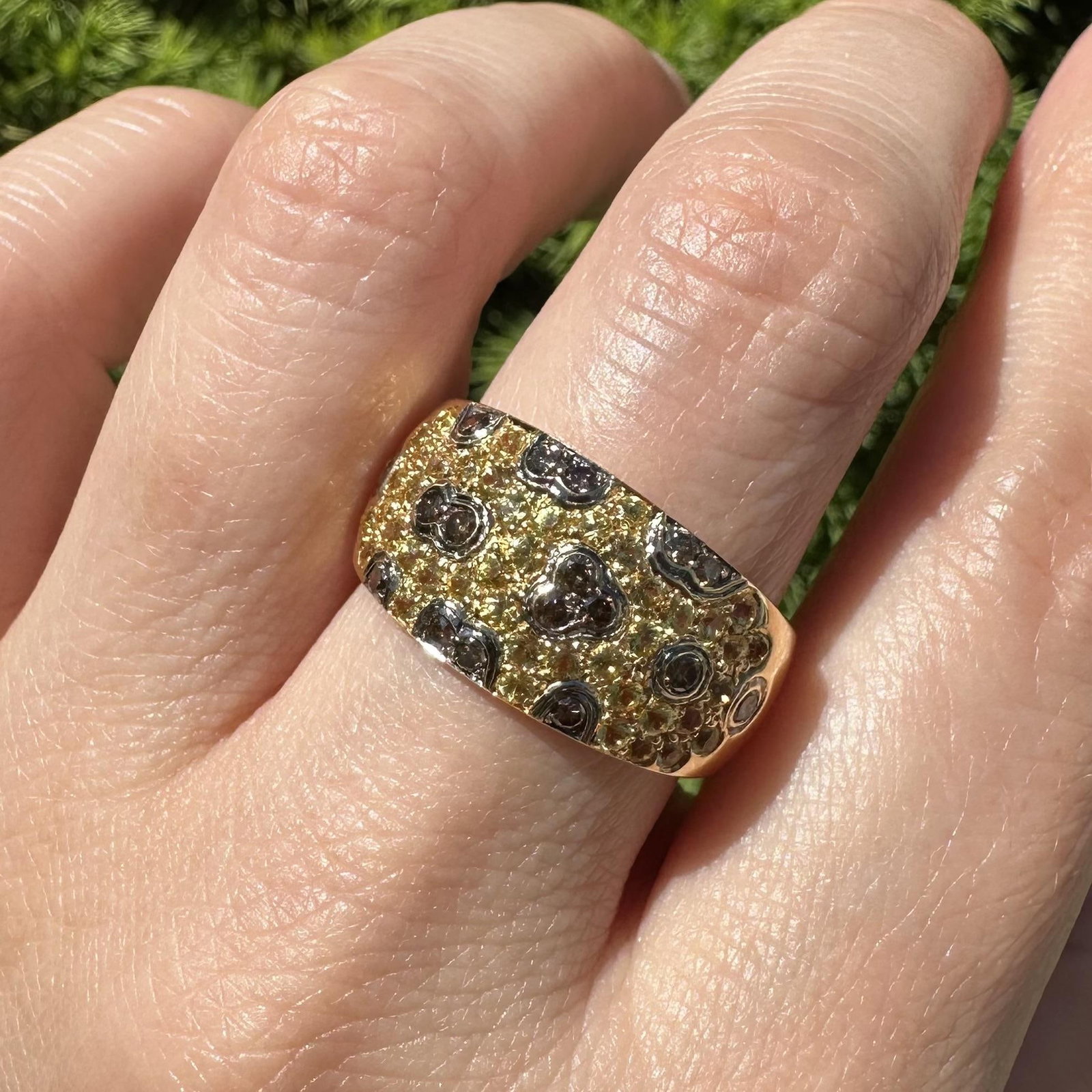 18k Gold Sapphire & Cognac Diamond Wide Cigar Band Ring - 11