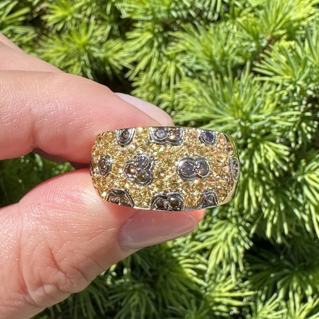 18k Gold Sapphire & Cognac Diamond Wide Cigar Band Ring - 13