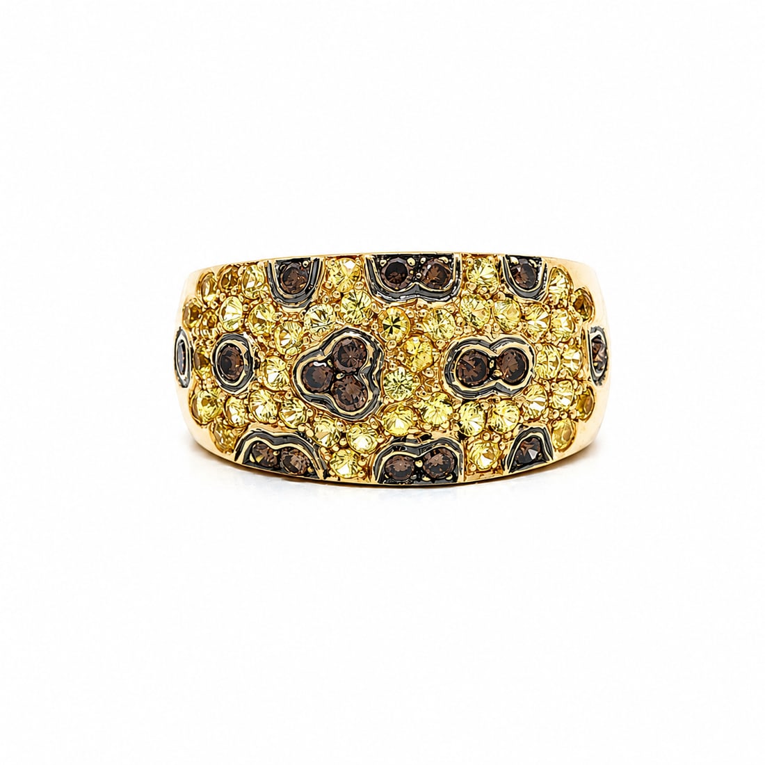 18k Gold Sapphire & Cognac Diamond Wide Cigar Band Ring: 18k Gold 1.68ctw Yellow Sapphire & Fancy Cognac Diamond Wide Cigar Band Ring --Stone(s):--Numerous Natural Genuine Sapphires - Round Brilliant Cut - Pave Set - Bright Yellow Color - 1.20ct