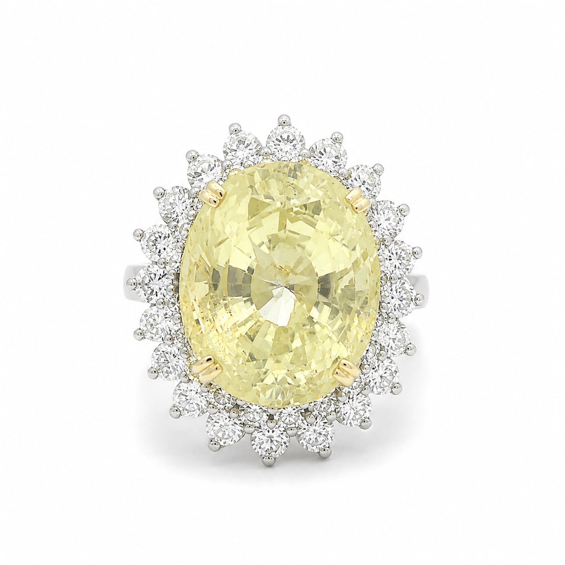 Platinum & Gold GIA Yellow Sapphire Diamond Ring: Vintage Platinum & Gold GIA 20.68ctw Large No Heat Yellow Sapphire Diamond Ring --Stone(s):--(1) Natural Genuine Sapphire - Large Oval Cut - Prong Set - Yellow Color - No Heat - Ceylon - 18.74ct