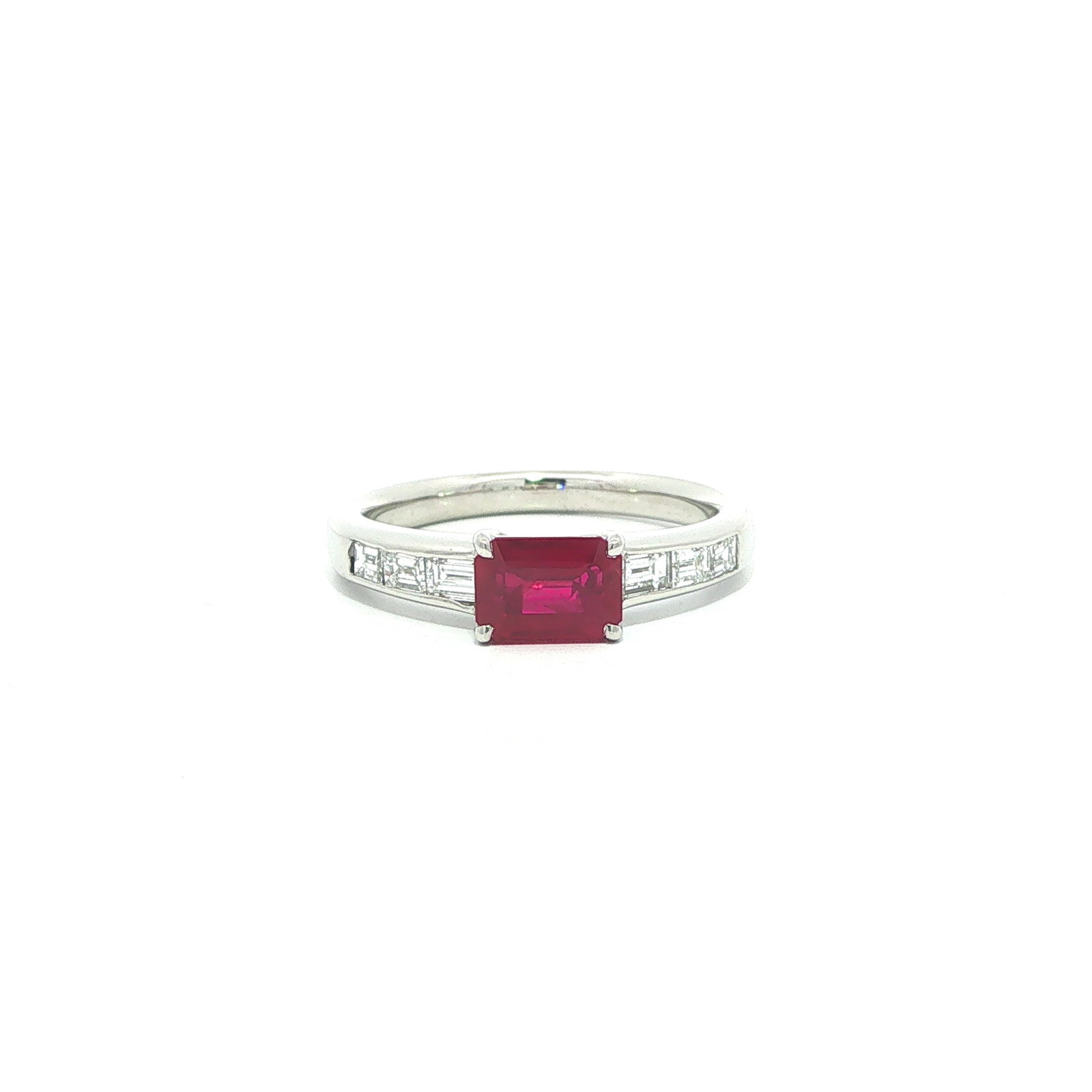 Platinum GIA Burma Ruby w/ Baguette Diamond Ring: Platinum 1.71ctw GIA Emerald Cut Burma Vivid Red Ruby w/ Baguette Diamond Ring --Stone(s):--(1) Natural Genuine Ruby - Emerald Octagonal Step Cut - Prong Set - Vivid Red Color - Burma - Heated - 1.18c