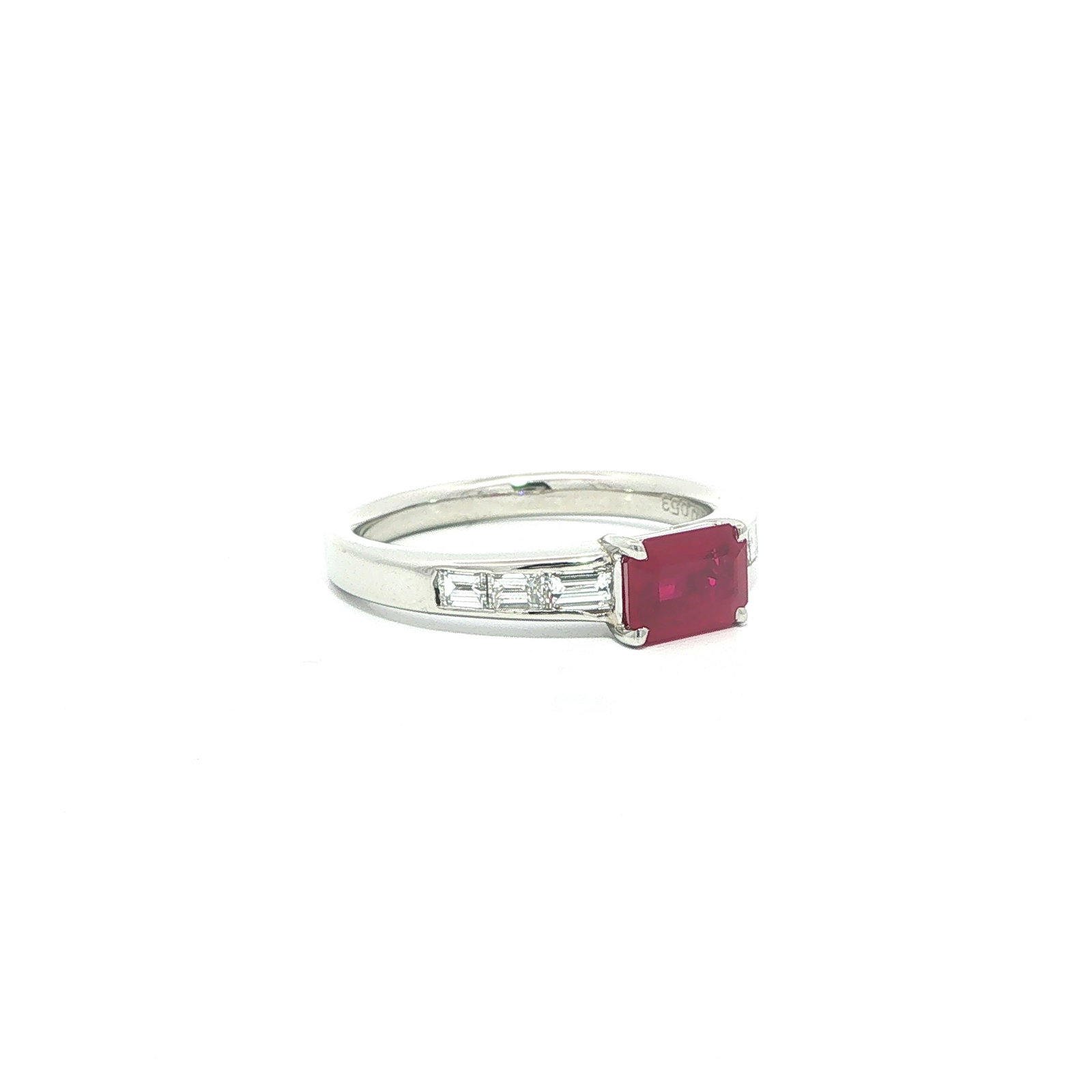 Platinum GIA Burma Ruby w/ Baguette Diamond Ring - 2
