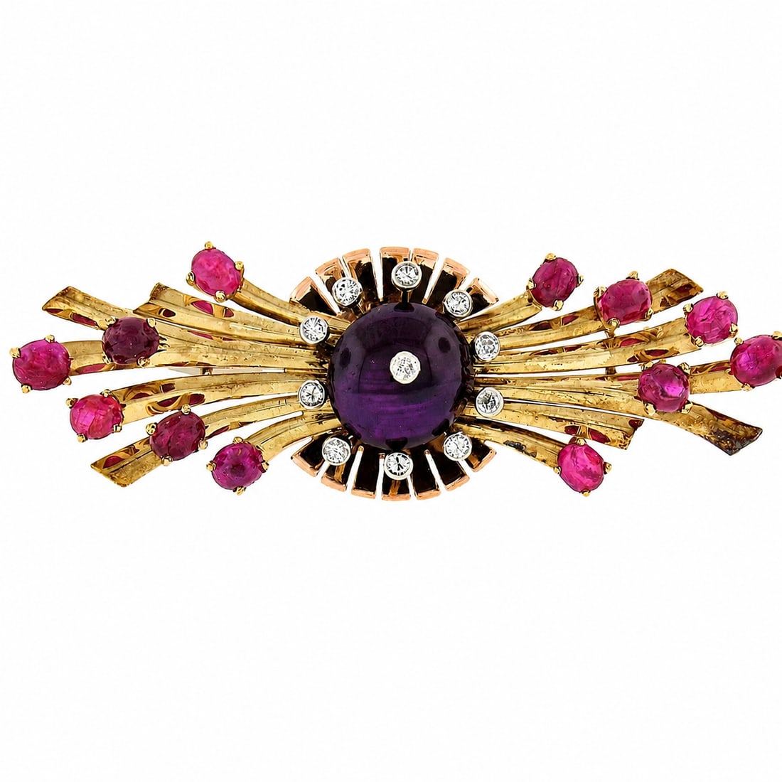 Gold Cabochon Ruby & 0.25ctw Diamond Spray Pin Brooch: Vintage Retro Gold Cabochon Ruby & 0.25ctw Diamond Spray Pin Brooch Material: 13-14k Solid Rose & Yellow Gold w/ Palladium Top & Solder on Back CenterTotal Weight: 13.12 GramsStone(s): (1) Natural