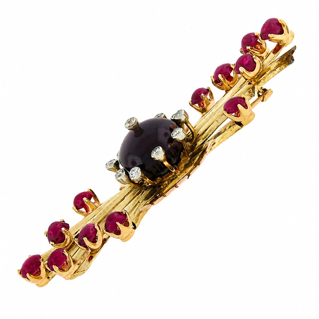 Gold Cabochon Ruby & 0.25ctw Diamond Spray Pin Brooch - 2