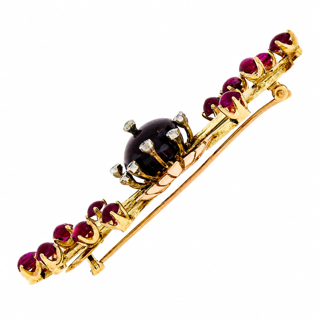 Gold Cabochon Ruby & 0.25ctw Diamond Spray Pin Brooch - 3