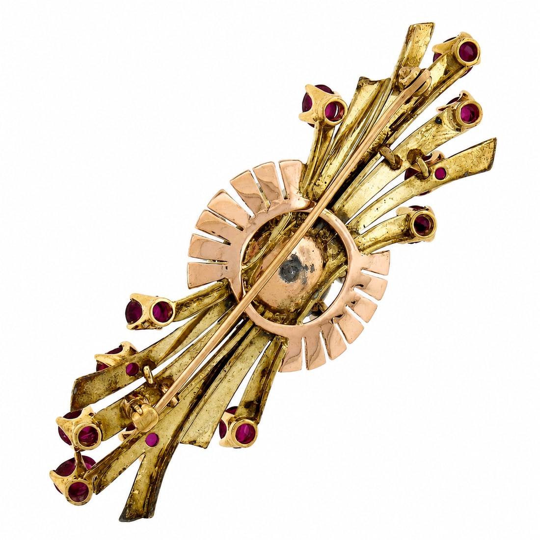 Gold Cabochon Ruby & 0.25ctw Diamond Spray Pin Brooch - 4