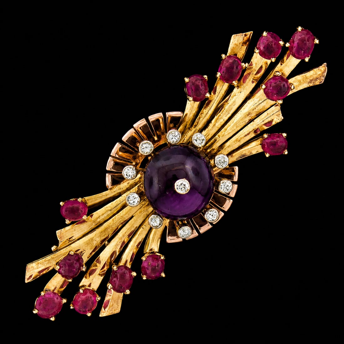 Gold Cabochon Ruby & 0.25ctw Diamond Spray Pin Brooch - 6