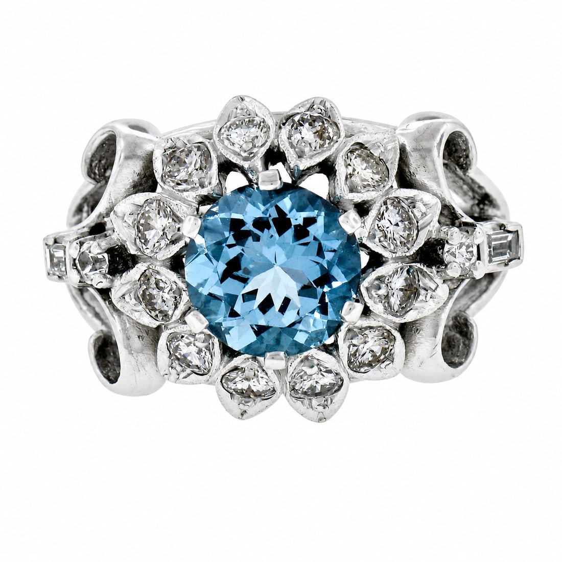 14K White Gold Round Aquamarine Diamond Cocktail Ring: Fancy Vintage 14K White Gold 2.85ctw Round Aquamarine Diamond Dome Cocktail Ring. You are looking at an elegant vintage cocktail ring crafted in solid 14k white gold and features at its center a