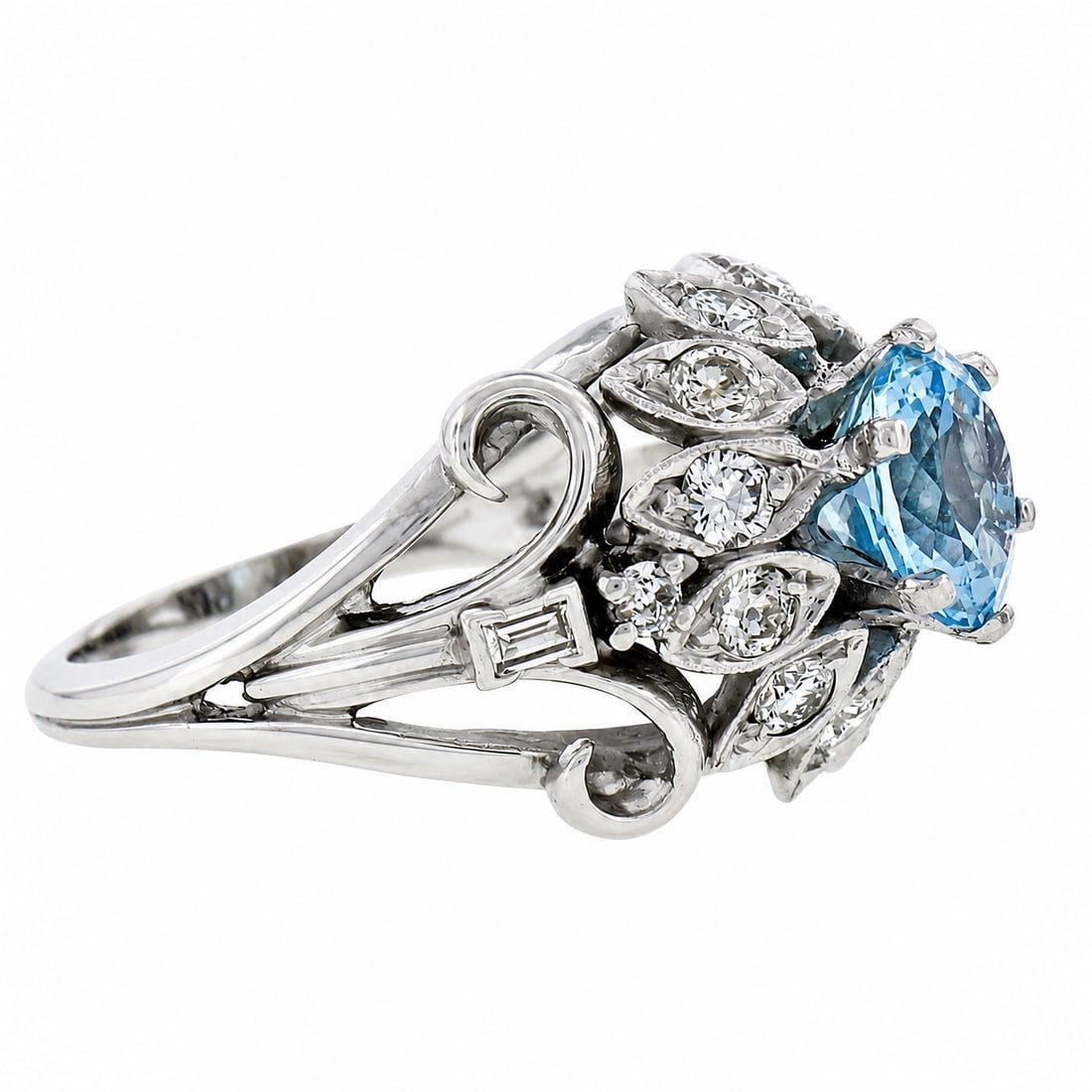 14K White Gold Round Aquamarine Diamond Cocktail Ring - 2