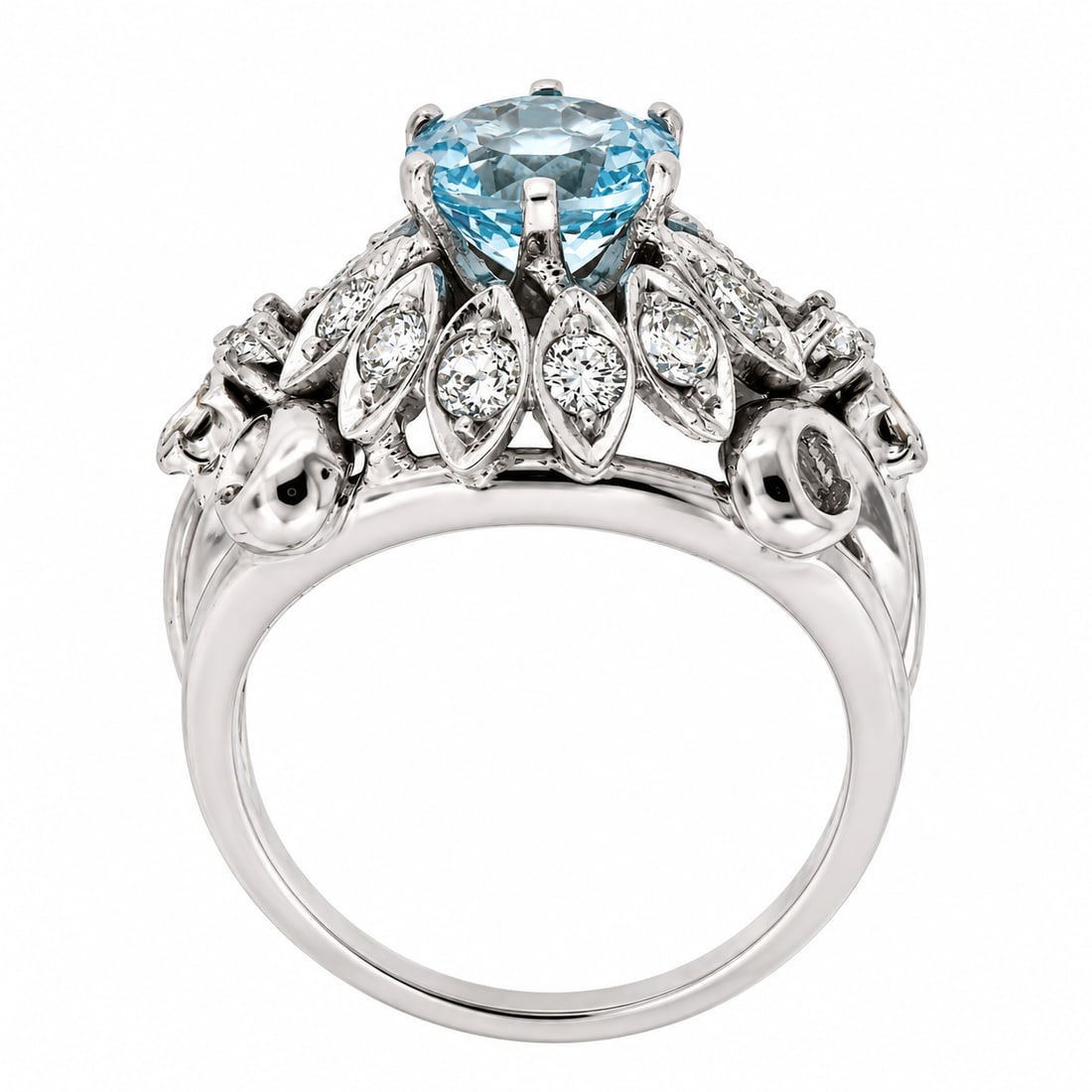 14K White Gold Round Aquamarine Diamond Cocktail Ring - 5
