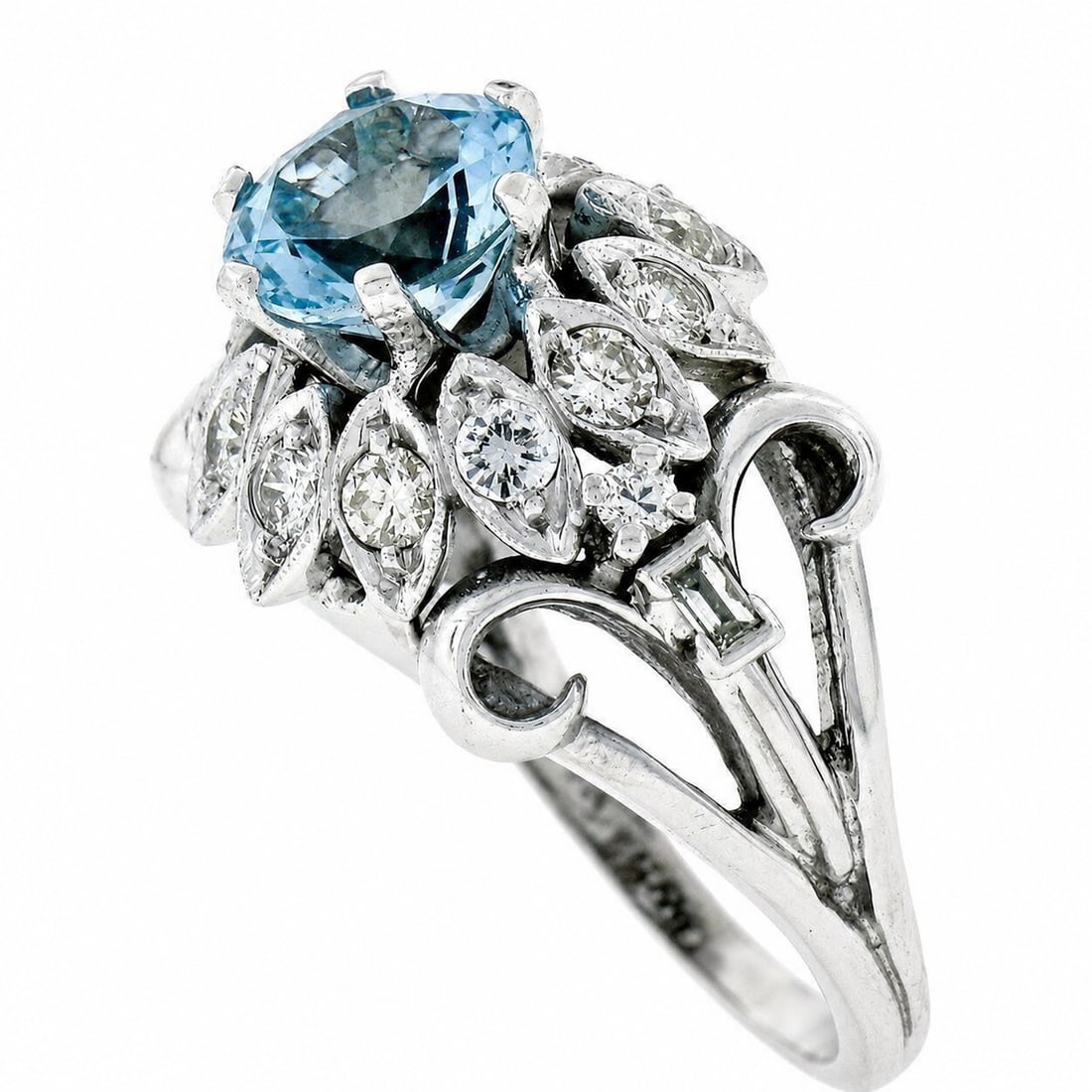 14K White Gold Round Aquamarine Diamond Cocktail Ring - 6