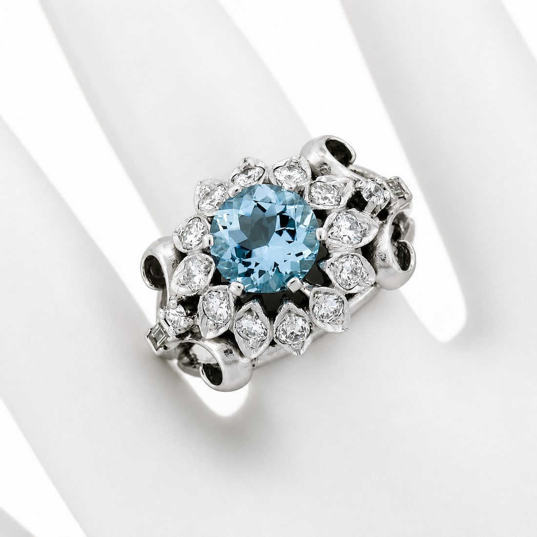 14K White Gold Round Aquamarine Diamond Cocktail Ring - 8