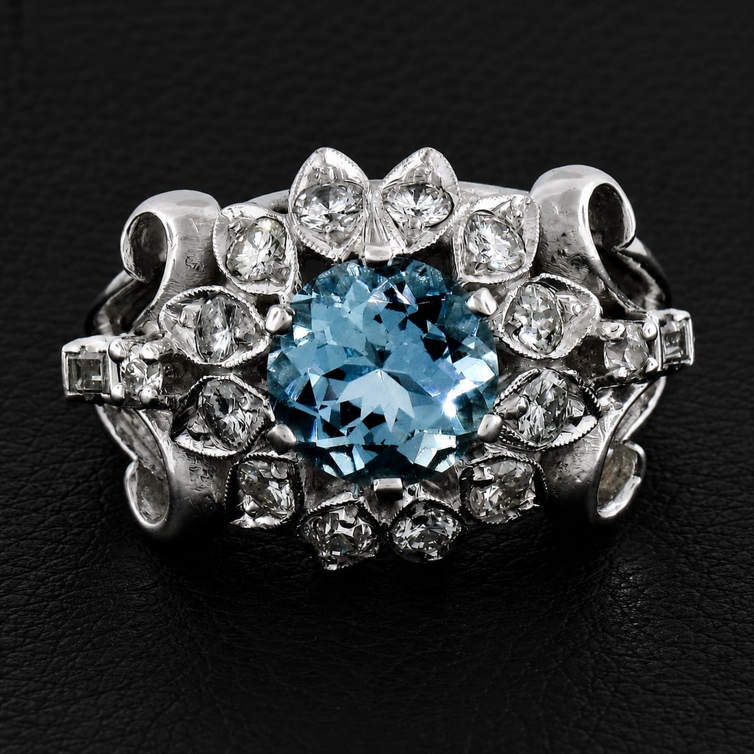 14K White Gold Round Aquamarine Diamond Cocktail Ring - 9
