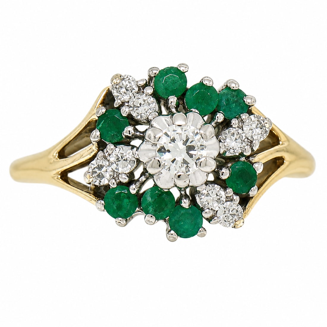 Round Diamond and Green Emerald Cluster Statement Ring: Round Prong set Diamond and Green Emerald Cluster Dinner Statement Ring This is an especially nice, petite, cluster style cocktail ring crafted from solid 14k yellow and white gold. The ring is