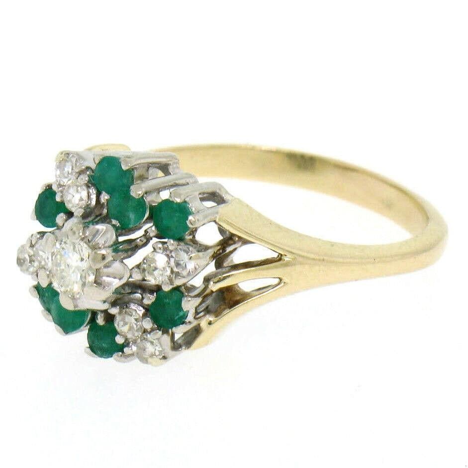 Round Diamond and Green Emerald Cluster Statement Ring - 3