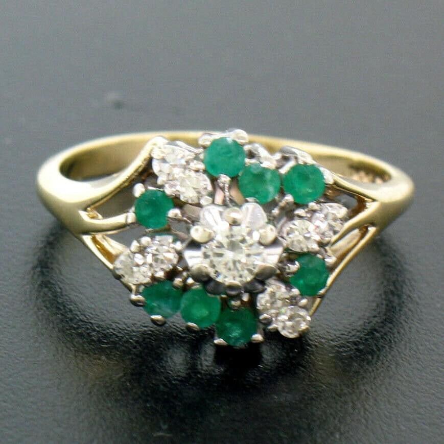 Round Diamond and Green Emerald Cluster Statement Ring - 5