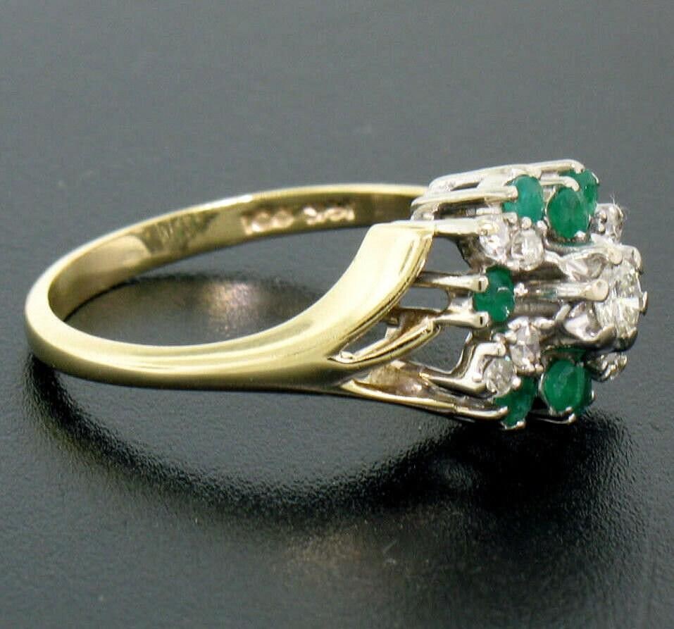 Round Diamond and Green Emerald Cluster Statement Ring - 6