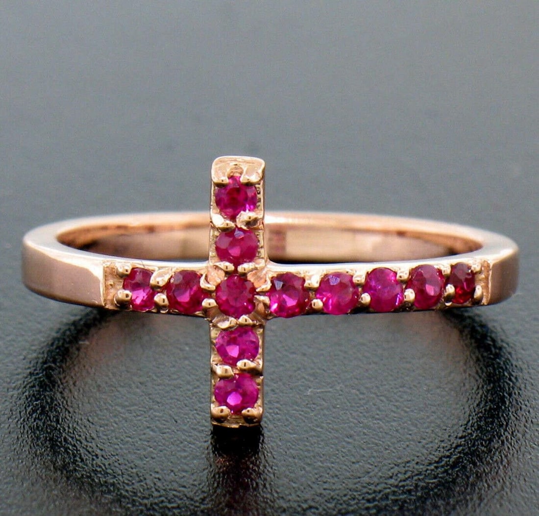 NEW 14k Rose Gold Ruby Curved Cross Band Ring - 2