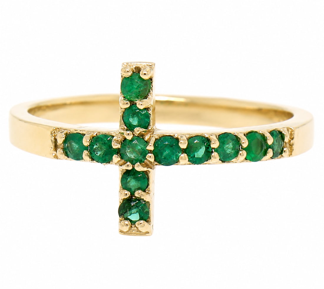 NEW 14k Yellow Gold Emerald Sideways Cross Band Ring (1 of 5)