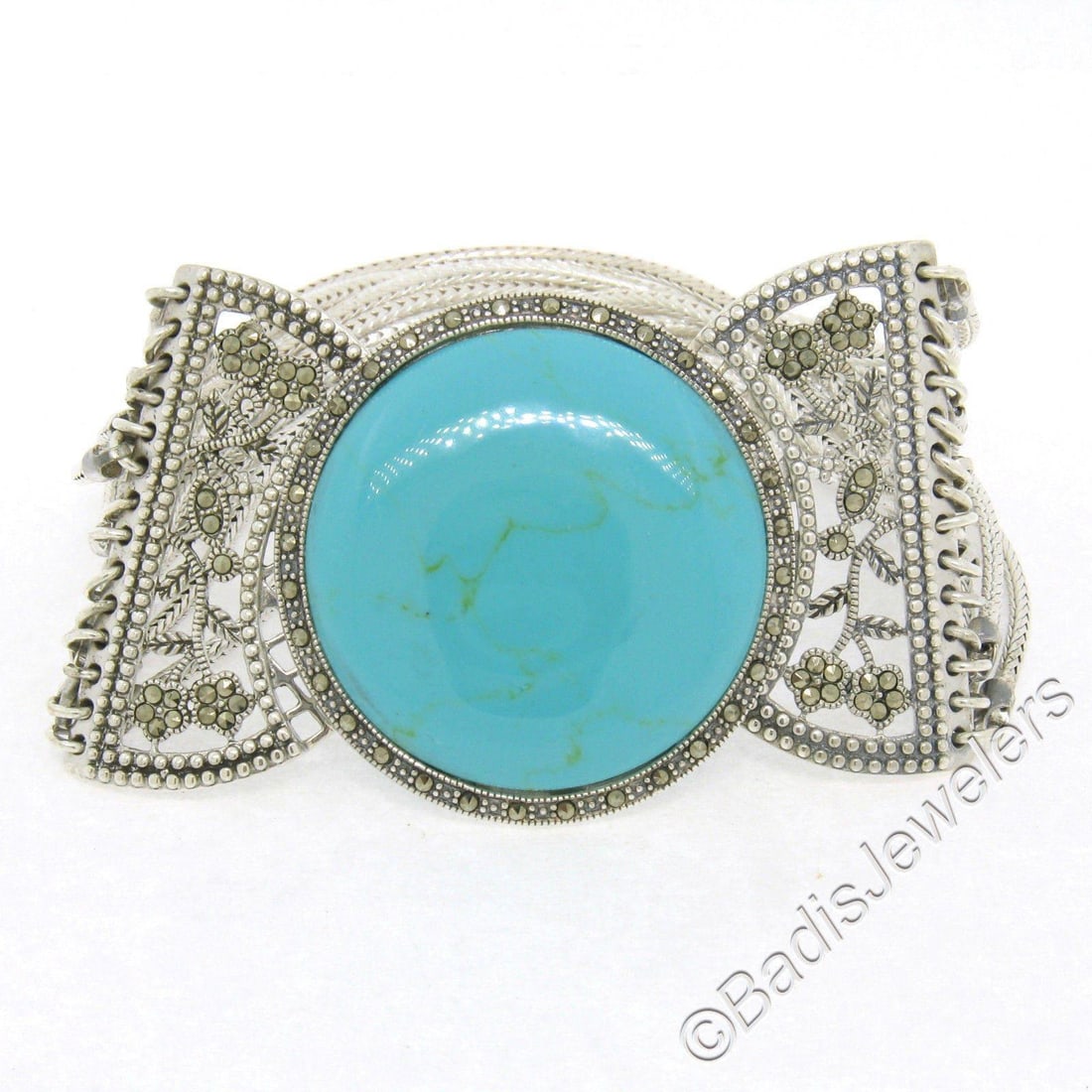 Silver Marcasite Turquoise Multi Strand Wide Bracelet - 2