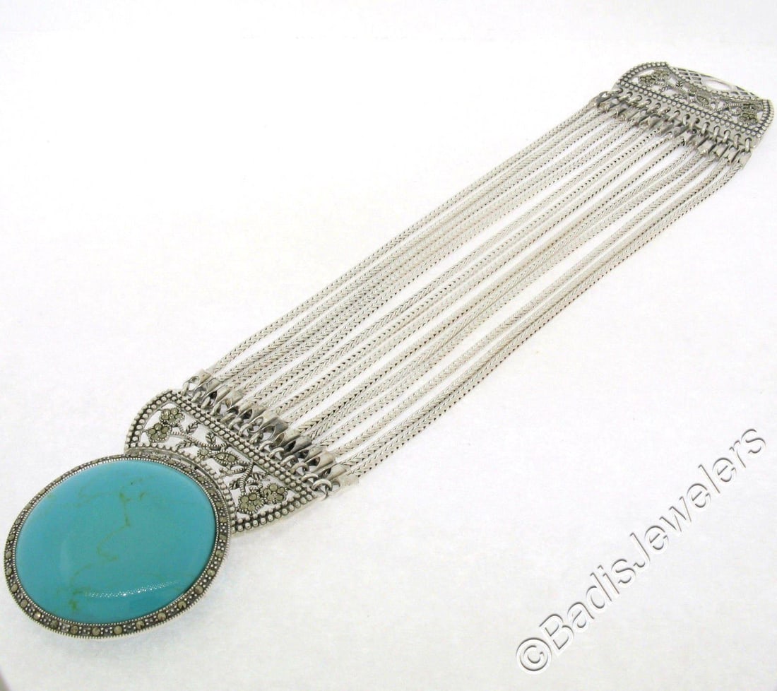 Silver Marcasite Turquoise Multi Strand Wide Bracelet - 4