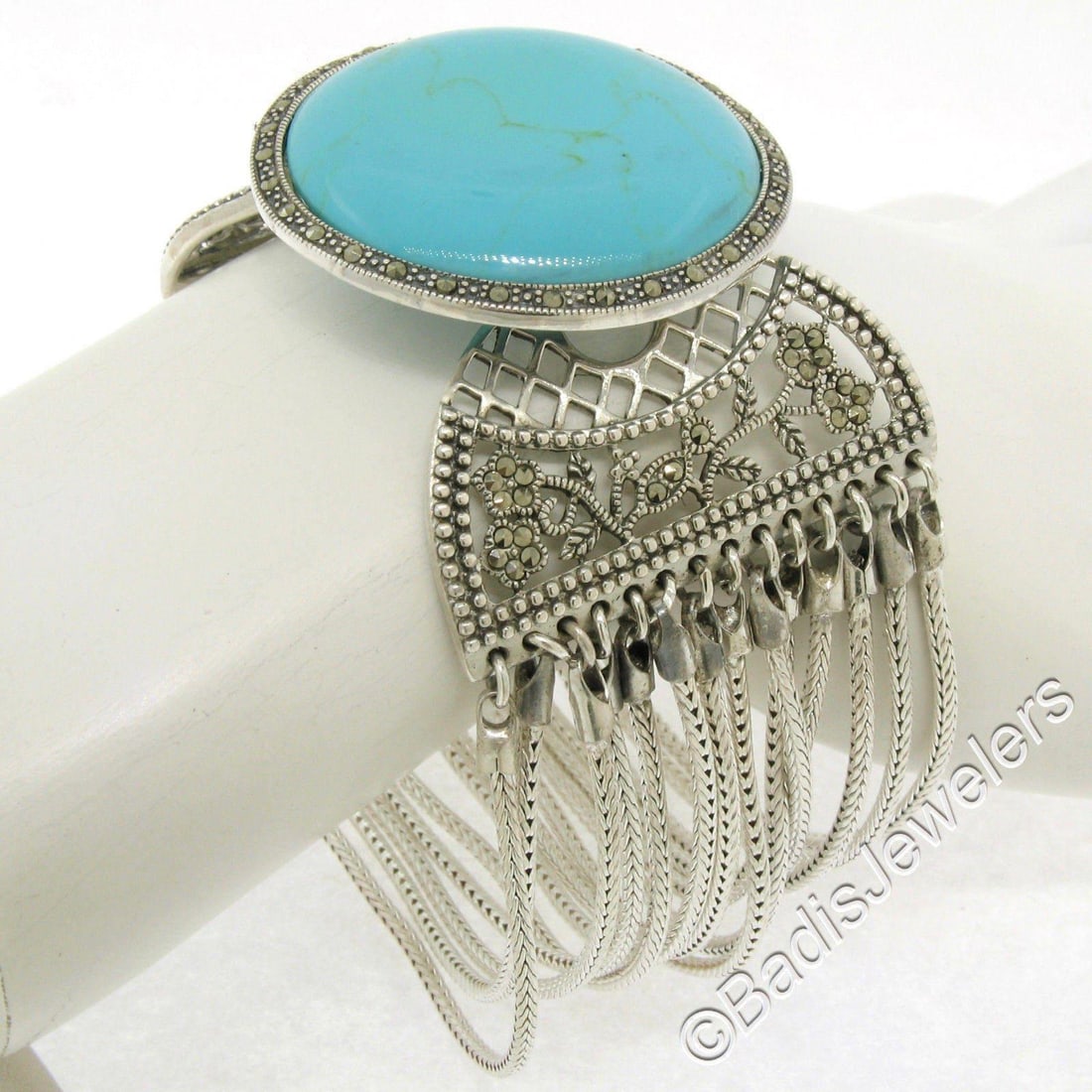 Silver Marcasite Turquoise Multi Strand Wide Bracelet - 5