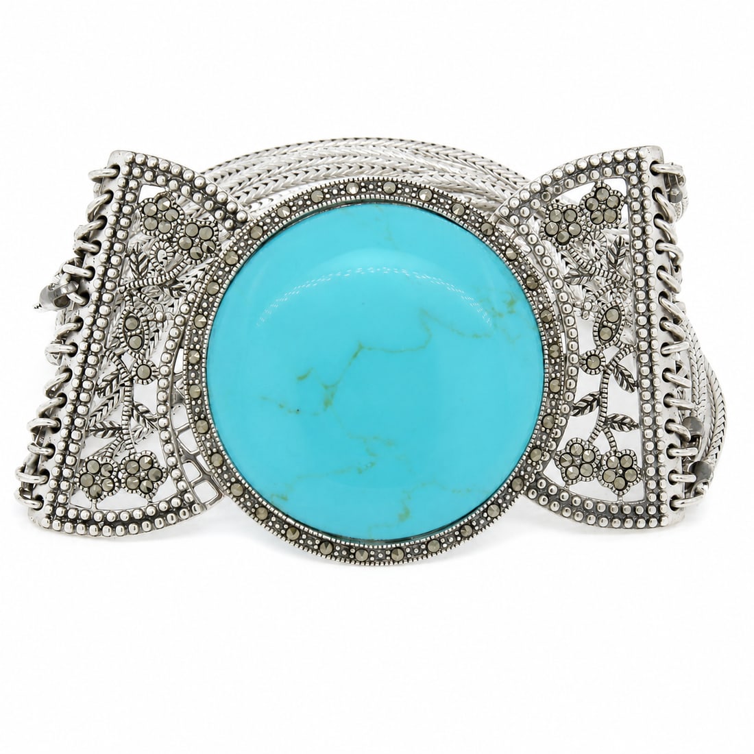 Silver Marcasite Turquoise Multi Strand Wide Bracelet - 6