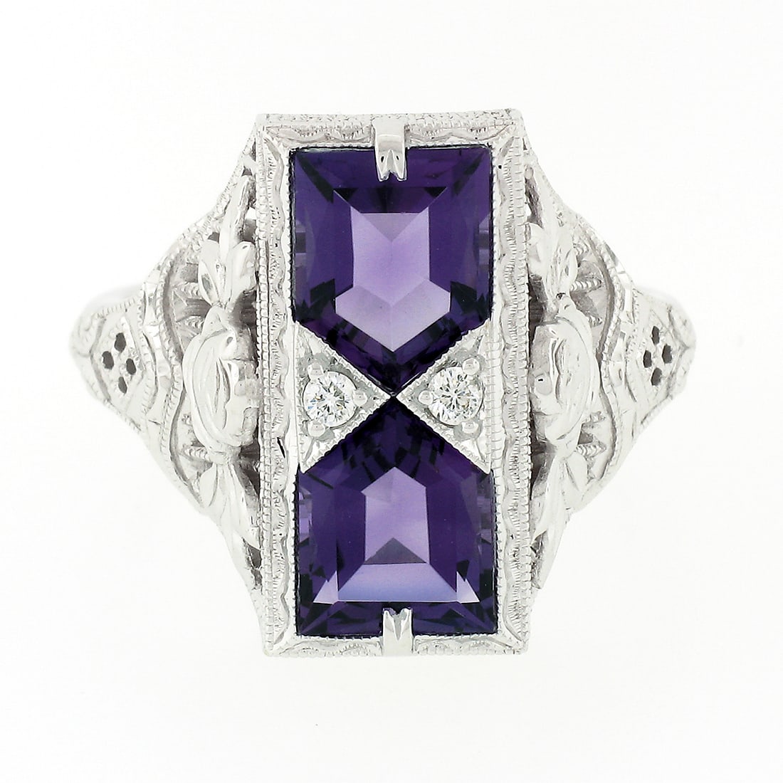 14K Gold Amethyst & Diamond Filigree Platter Ring: 14K White Gold 1.80ctw Amethyst & Diamond Filigree Etched Milgrain Platter Ring This gorgeous, brand new, platter ring was crafted in solid 14k white gold and features a beautiful design inspired by
