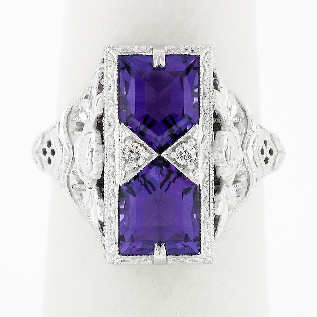 14K Gold Amethyst & Diamond Filigree Platter Ring - 2