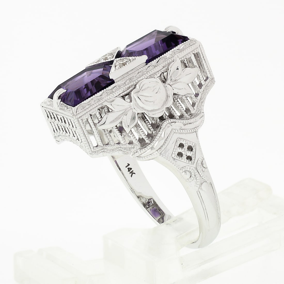 14K Gold Amethyst & Diamond Filigree Platter Ring - 6