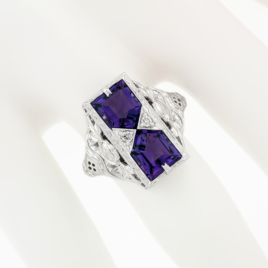 14K Gold Amethyst & Diamond Filigree Platter Ring - 7