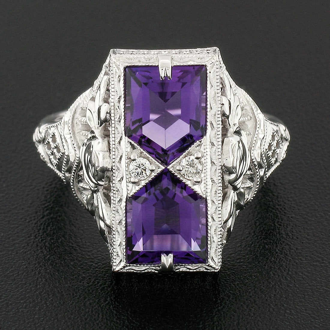 14K Gold Amethyst & Diamond Filigree Platter Ring - 8