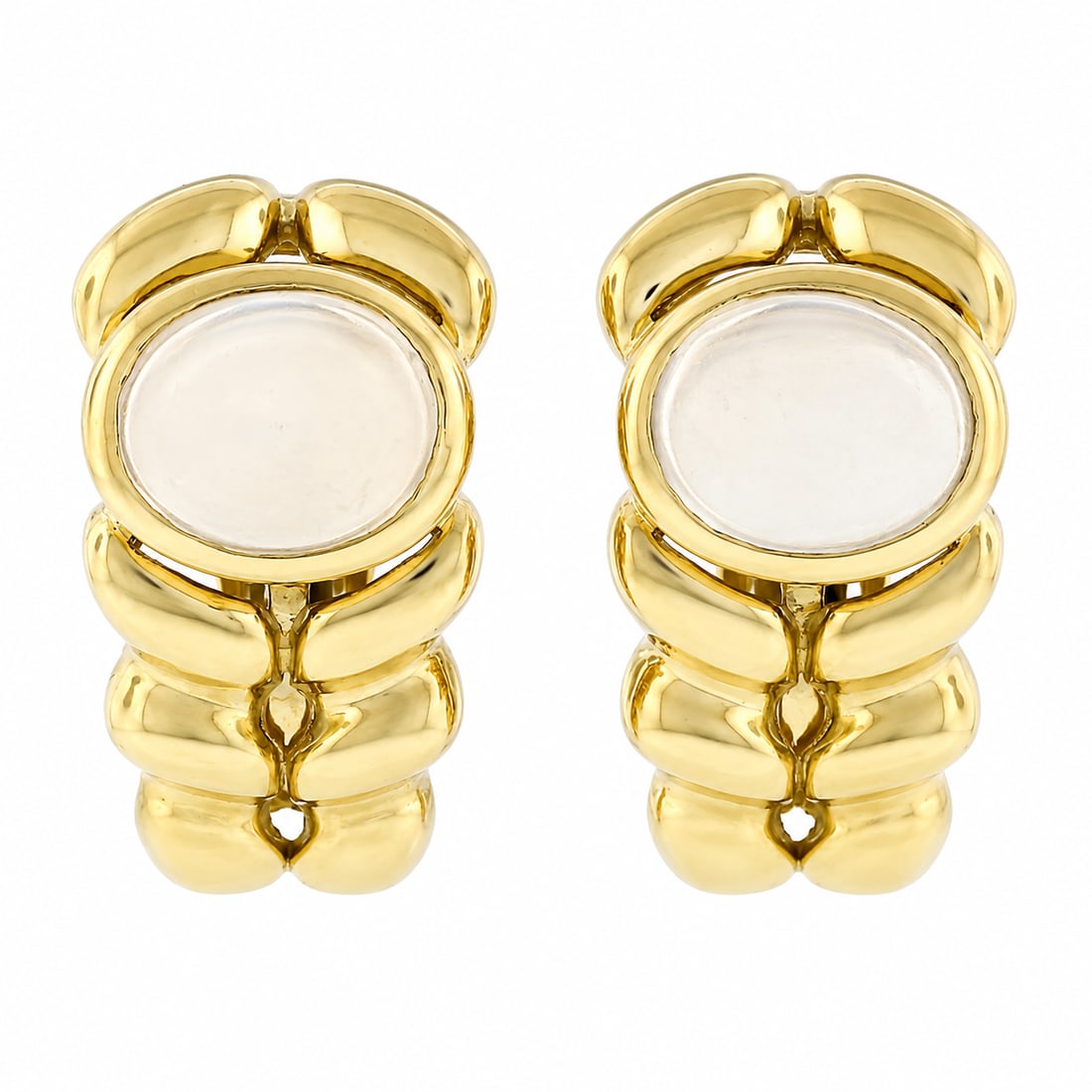 Kaufmann De Suisse 18K Gold Moonstone Clip On Earrings: Vintage Kaufmann De Suisse 18K Gold Moonstone Wide Braided Clip On Cuff Earrings. These beautiful vintage cuff earrings are very well crafted in solid 18k yellow gold. They feature a wide braided