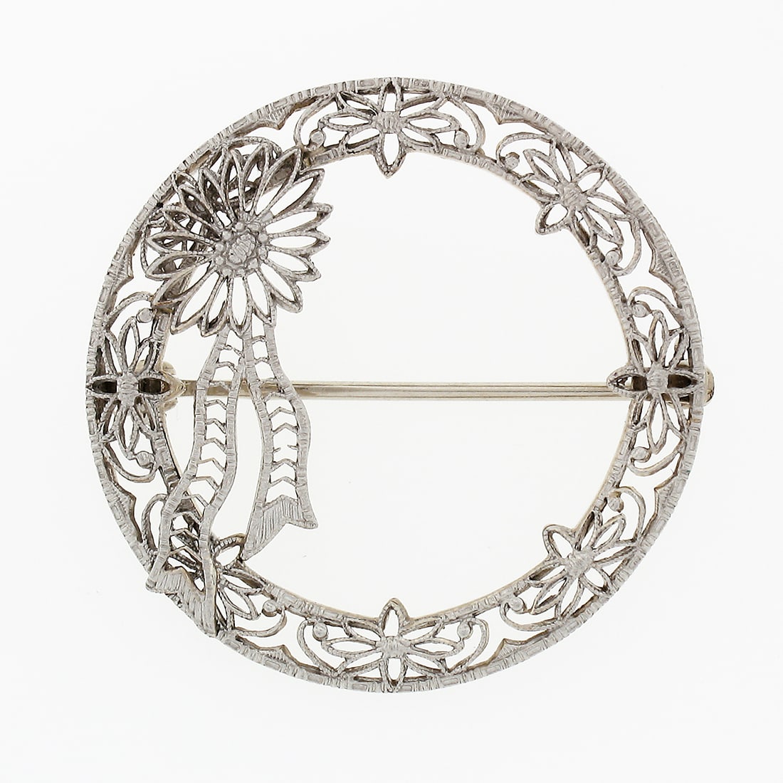 Art Deco 14k Gold Filigree Wreath Floral Ribbon Brooch - 2