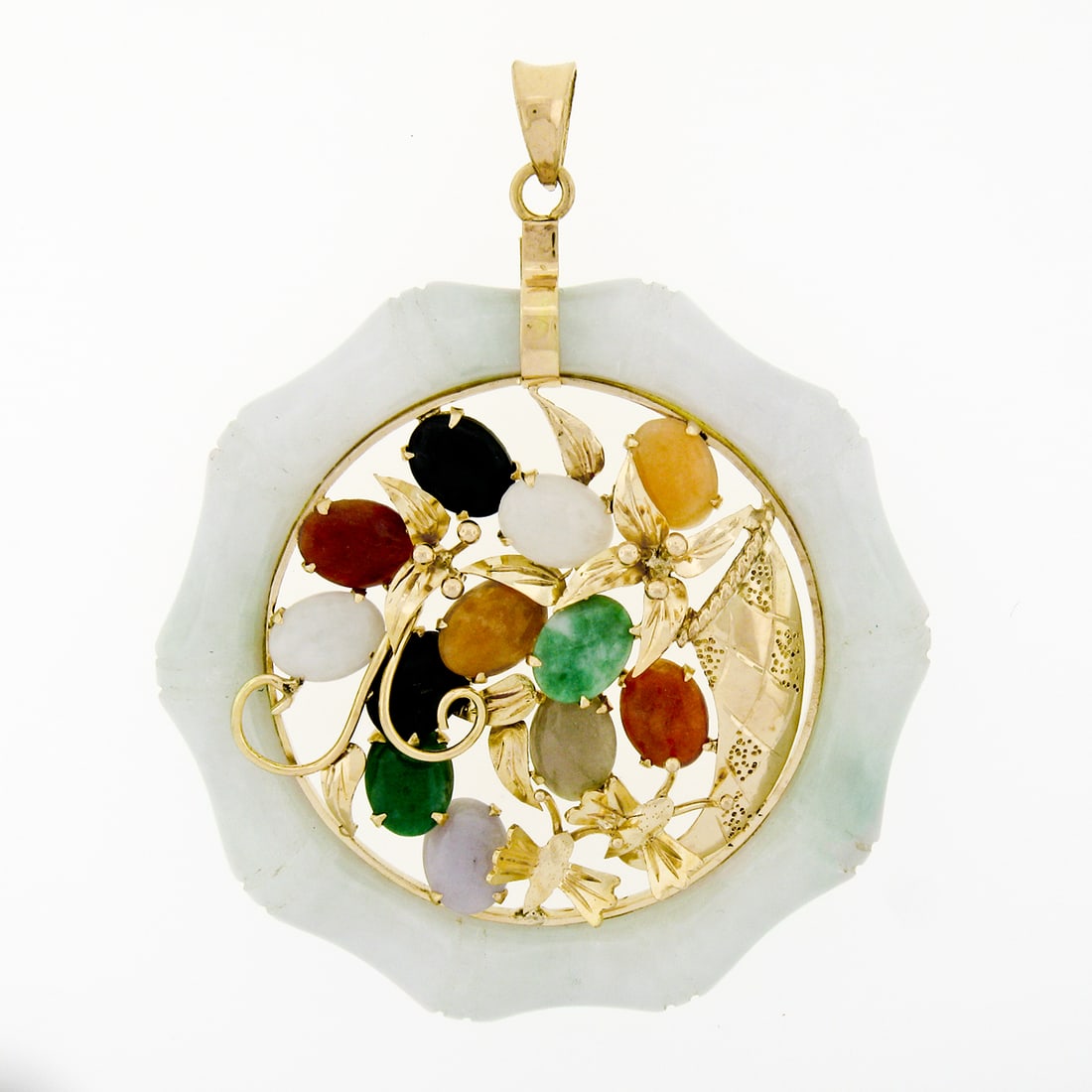14k Gold Jade Bamboo Floral Butterfly Pendant: Vintage 14k Gold Multi Color Carved Jade Bamboo Floral Butterfly Large Pendant. This gorgeous vintage garden themed jade pendant features numerous, multi-color, natural jade stones individually set in