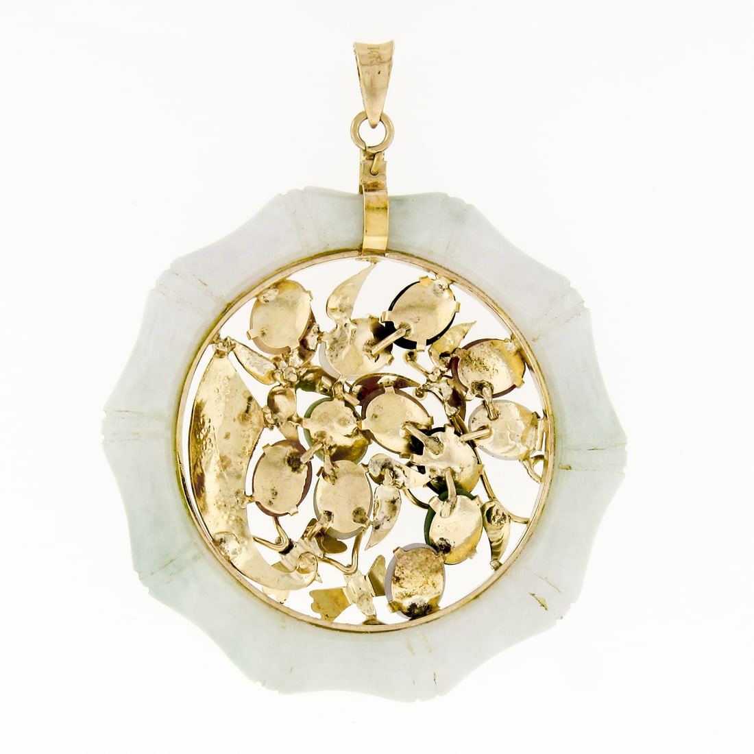 14k Gold Jade Bamboo Floral Butterfly Pendant - 2