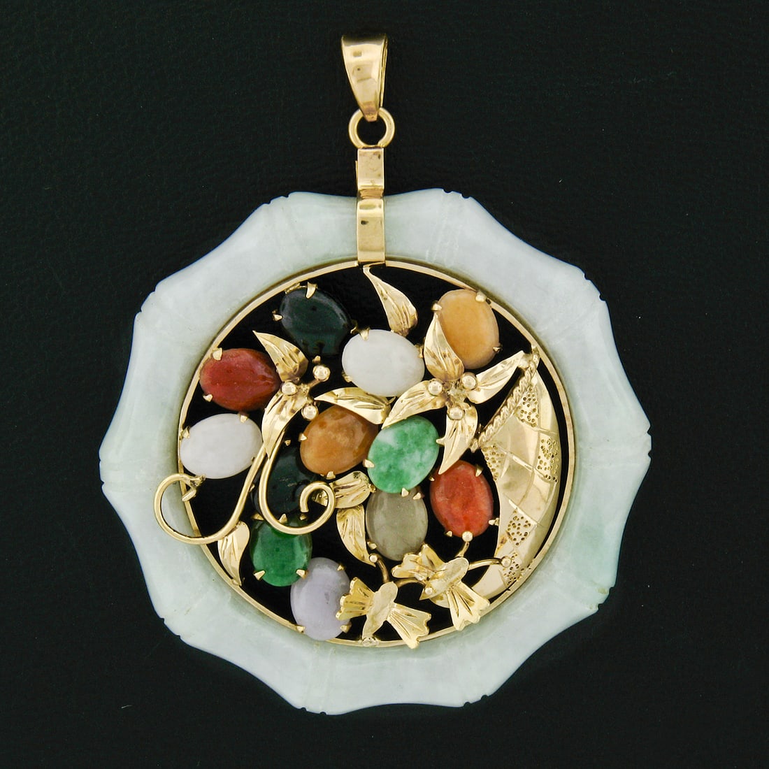14k Gold Jade Bamboo Floral Butterfly Pendant - 3