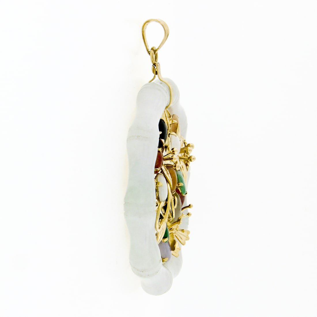 14k Gold Jade Bamboo Floral Butterfly Pendant - 4