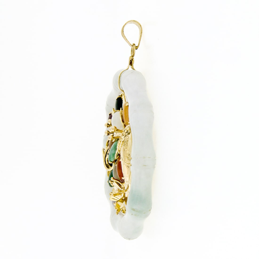 14k Gold Jade Bamboo Floral Butterfly Pendant - 5