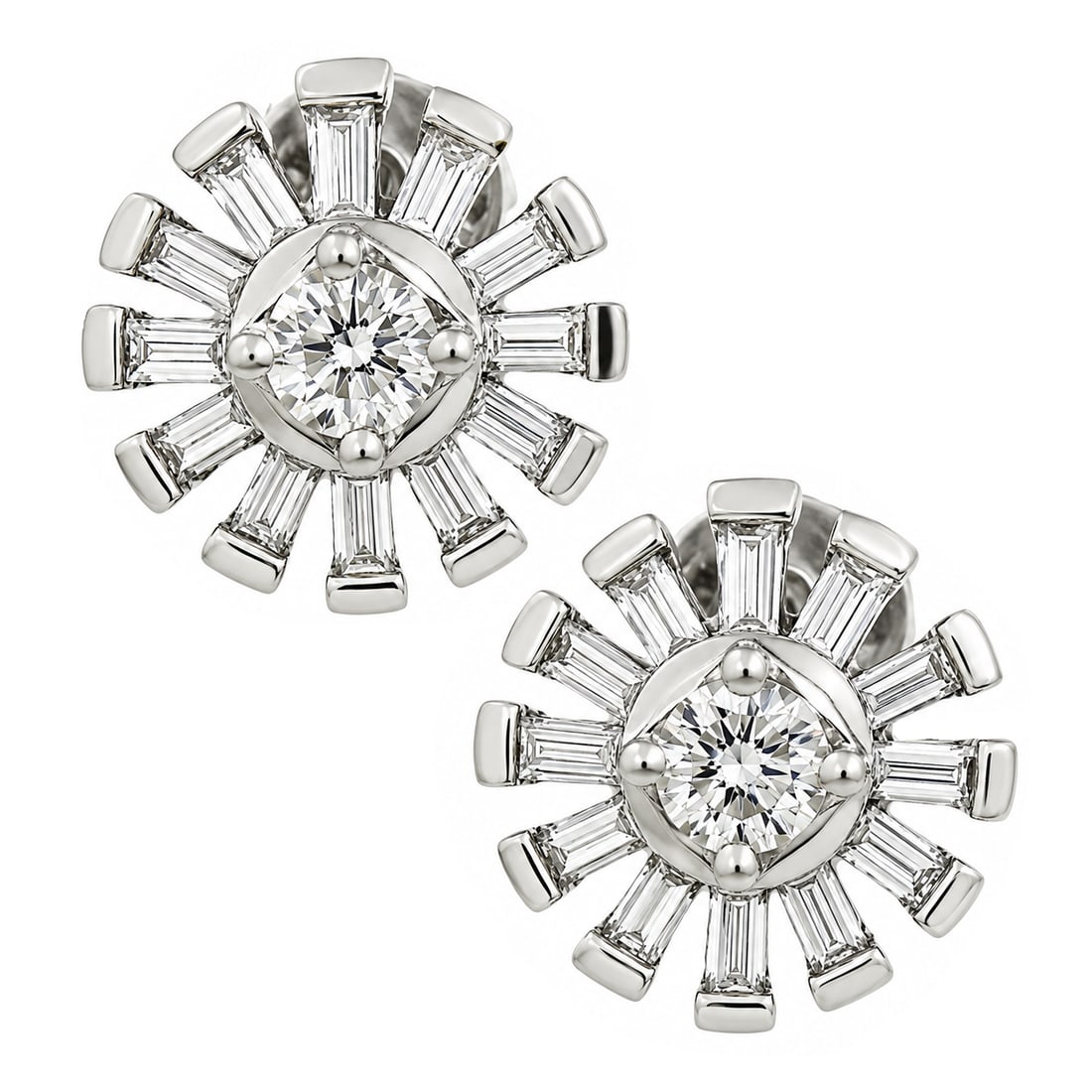 New Unique 18k Gold Diamond Snowflake Earrings: New Unique 18k White Gold 1.02ctw Round & Baguette Snowflake Post Stud Earrings. Here we have a stunning pair of diamond earrings, newly crafted in solid 18k white gold and features two, round