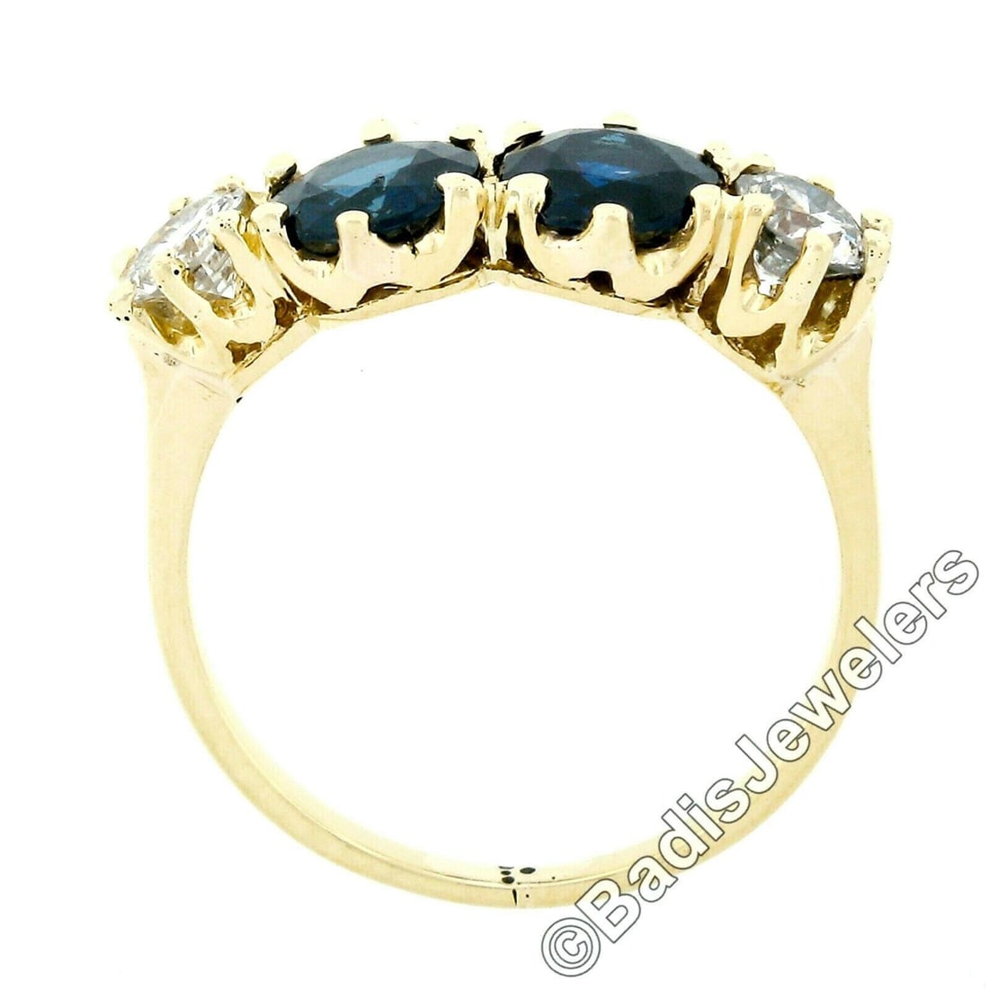 14k Gold round Blue Sapphire & Diamond Band Ring: Vintage 14k Yellow Gold 2.16ctw 6 Prong Round Blue Sapphire & Diamond Band Ring. This gorgeous, vintage, 4 stone band ring was crafted from solid 14k yellow gold and each of its stones is