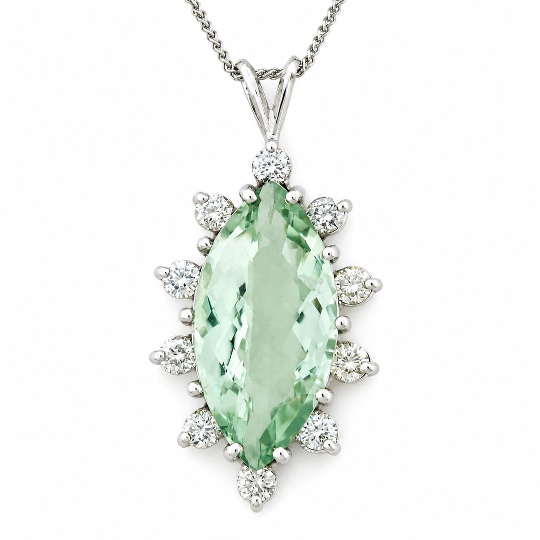 14K Gold Marquise Green Amethyst & Diamond Pendant: Vintage 14K White Gold Marquise Green Amethyst & 1.15ct Diamond Pendant Necklace. This fancy vintage pendant is crafted in solid 14k white gold and stands out with a large, gorgeous green amethyst