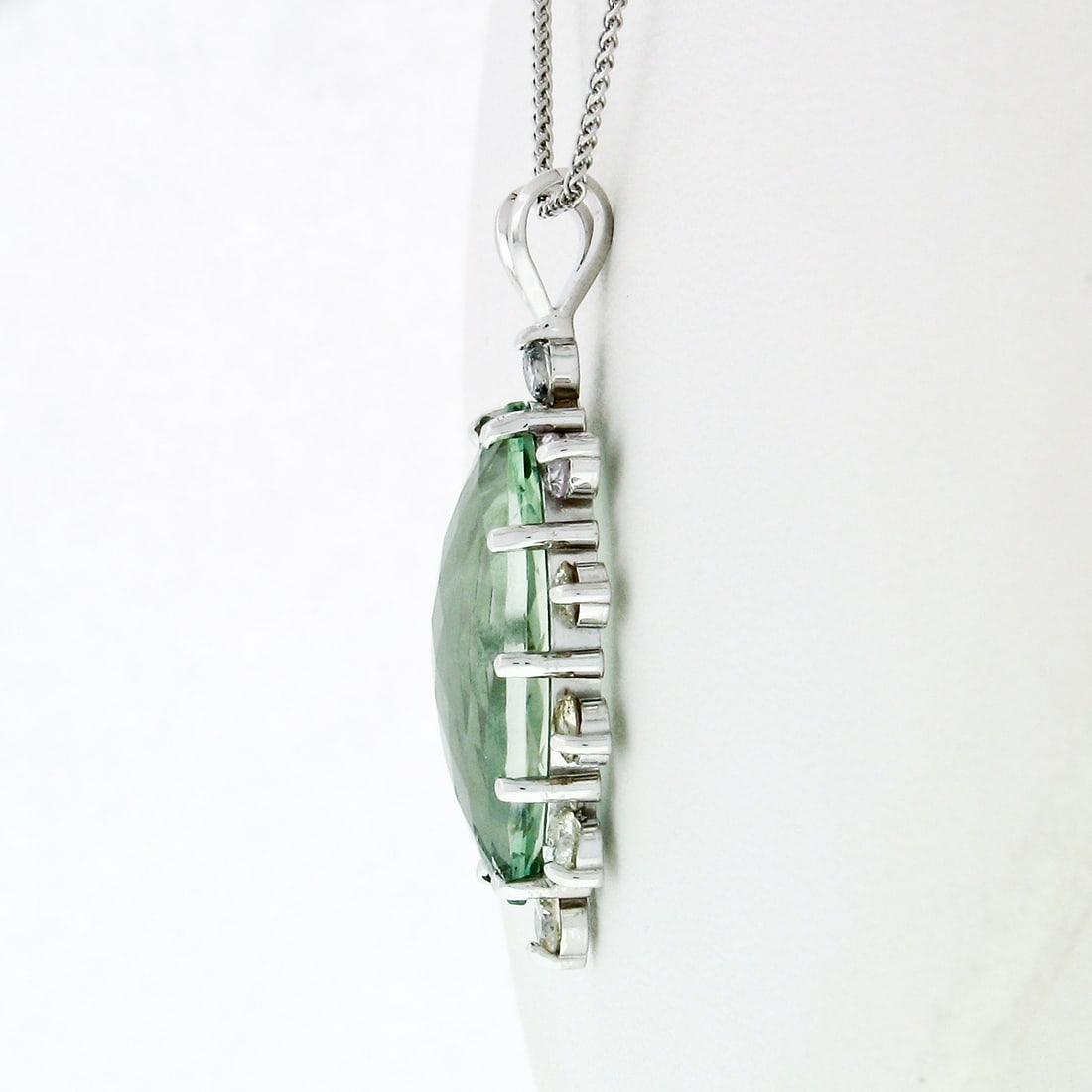 14K Gold Marquise Green Amethyst & Diamond Pendant - 3