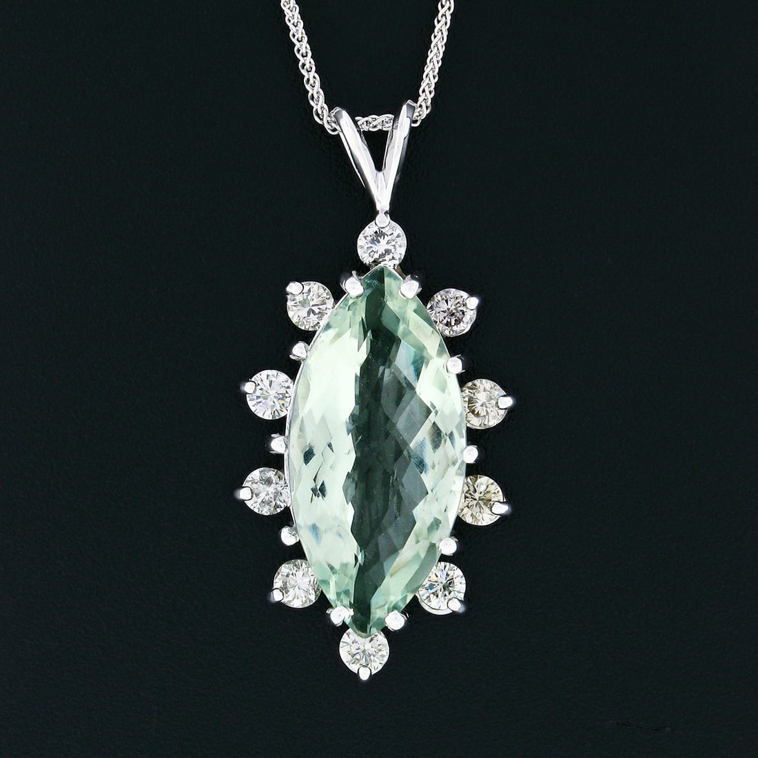 14K Gold Marquise Green Amethyst & Diamond Pendant - 6
