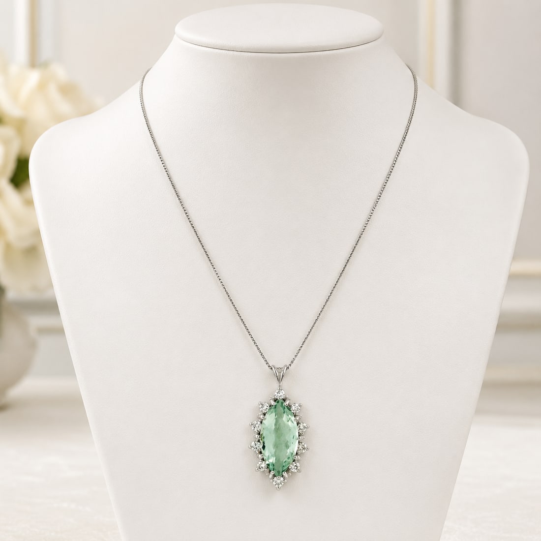 14K Gold Marquise Green Amethyst & Diamond Pendant - 7
